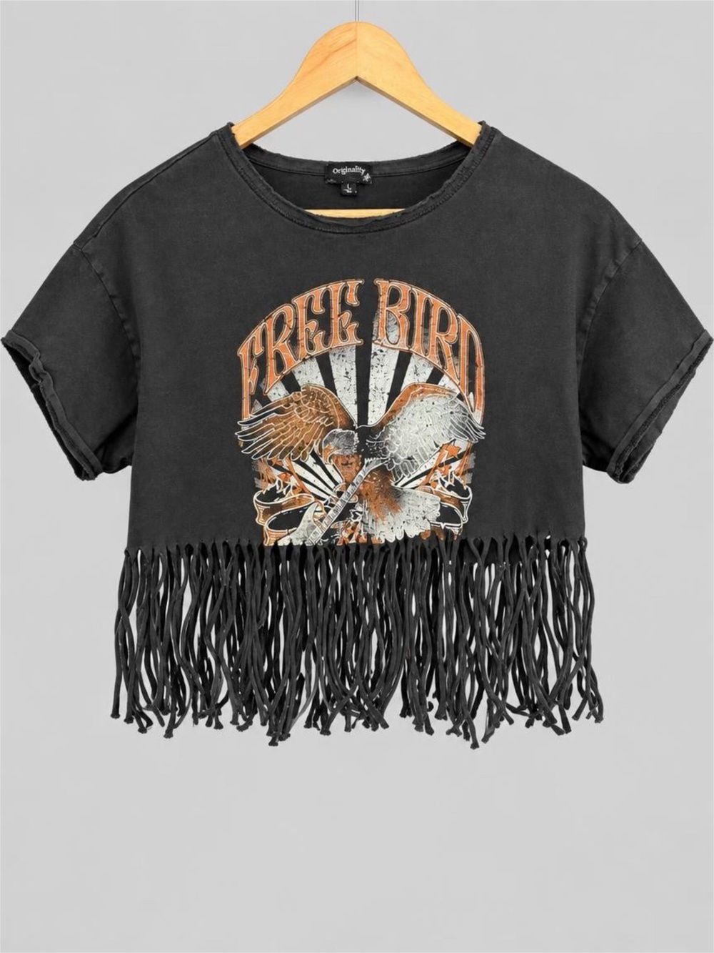 NWOT Women’s Black 'Free Bird' Fringe Graphic Crop Tee - L